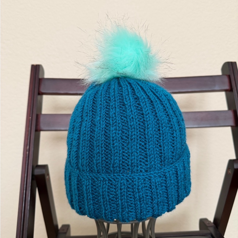 Teal Knit Teen Beanie with Mint Pom-Pom